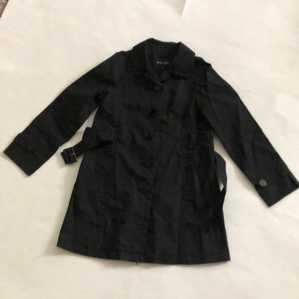 Nine West S Jacket Trench Coat in Black Pockets Button Belt Excellent Condition